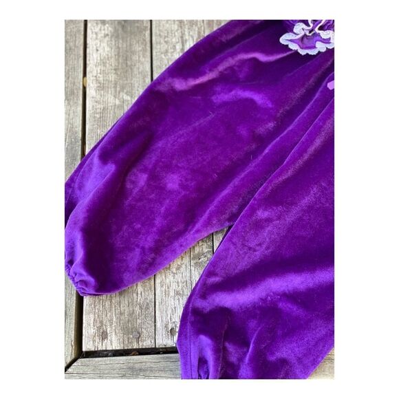 Vintage 80s 90s Royal Purple Velvet Romper Jumpsuit Lace Puritan Collar Trim - Picture 7 of 8